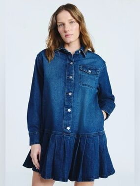 NWT Scoop Dark Denim Shirt Pleated Mini Dress
